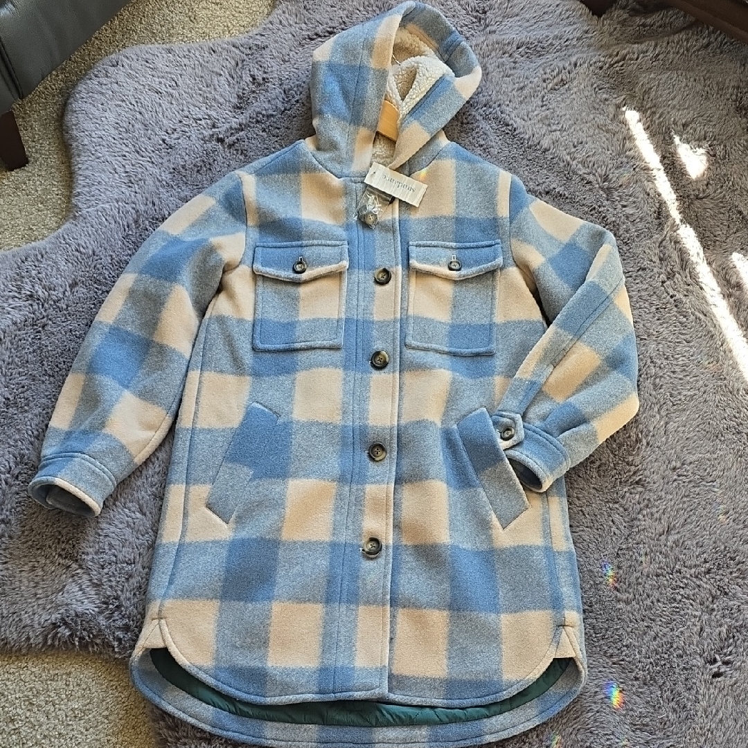 Sundance Blue Cream Plaid Hooded Long Pea Coat Small